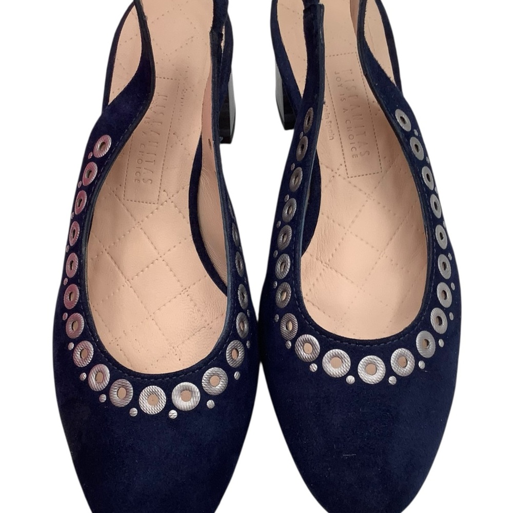 Hispanistas Navy Suede Slingback Flats Silver Eyelet Trim size EURO 37‎ US6.5
